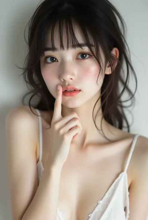 ((top quality、masterpiece、high sensitivity、High Fine、detailed explanation、delicate face、Ｆvalue：6.0)),((slender woman)),Advanced digital art with a crunchy smile、white sheer camisole、Sneezing Face Cushion、the、10 years old、Full Body、white underwear