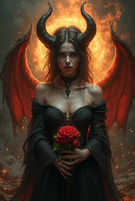 A woman with horns and a fire behind her, flower seeking flowers, reine démon aux cornes blanches, Diablo 4 Lilith, portrait d&#39;une fille démon, succube | medieval, beautiful succube, Art de style fantasy sombre, portrait d'un démon féminin, un style ar...