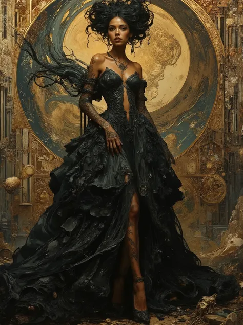 Impressionist surrealism, photo-realistic bizarre portrait of a beautiful, majestic caucasian half-Black lady—graceful yet an outcast, radiating eldritch aura and supernatural mystery. Deep golden-brown skin glows with lifelike detail. She stands in a dram...