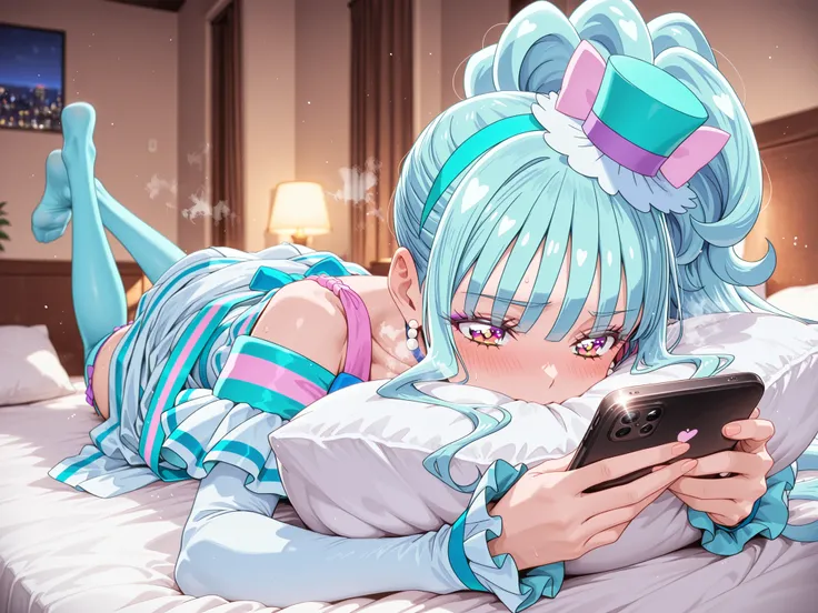 masterpiece, best quality, ultra-detailed, cute and bittersweet moment, soft warm bedroom lighting
woman lying prone on bed, holding smartphone in both hands, face buried partly in pillow, bright red blush on cheeks, kicking her legs in the air in a flust...