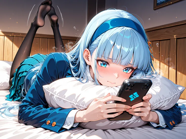 masterpiece, top quality, Super Detailed, cute and sad moment, soft and warm bedroom lighting
Woman lying face down on bed, holding a smartphone in both hands, face buried partly in pillow, Bright Redness on Cheeks, gestures that kick her legs up in the a...