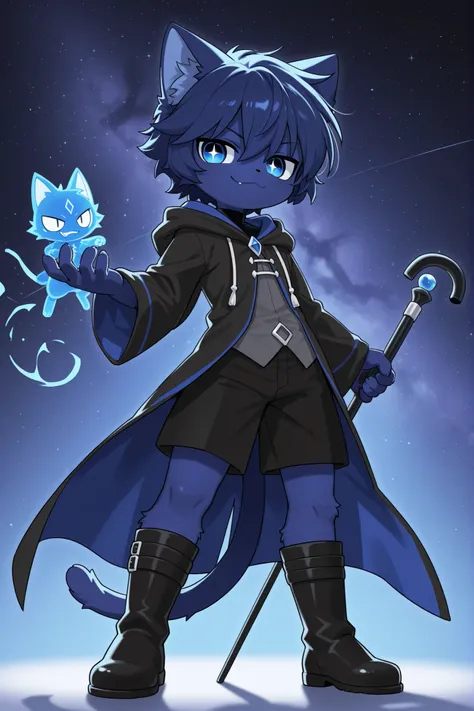 1 boy, solo, Ultra-Precise Drawing, artistic jewels, boy mage with blue cat ears, thin body, Elegant Silhouette, starry sky background
Body type specifications :
slender build, elegant
slender, tall silhouette
thin hand and foot lines
appropriate head–body...