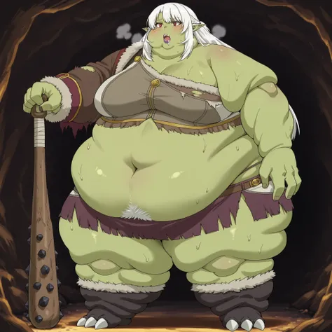 silk amberwood (aparida), dark elf, long hair, white hair, pointy ears, red eyes, large breasts, purple lipstick, Becoming a orc, monster, Orc, Female Orc, green skin, tusks, Orc, fangs, 1girl, fur, rags, brown crop top, fur trim crop top, single off shoul...