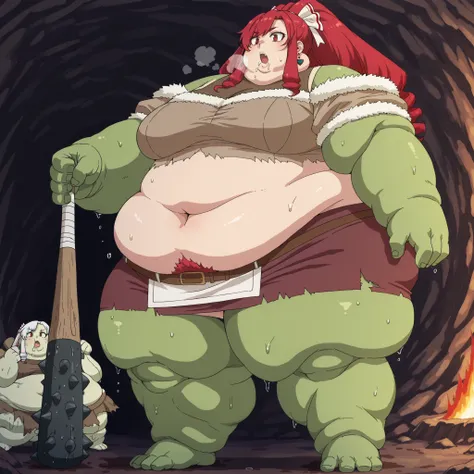 marina (aparida), long hair, red hair, two-tone hair, swept bangs, drill sidelocks, heart earrings, red eyes, white hair ribbon, curled ends, Becoming a orc, monster, Orc, Female Orc, green skin, tusks, Orc, fangs, 1girl, fur, rags, brown crop top, fur tr...