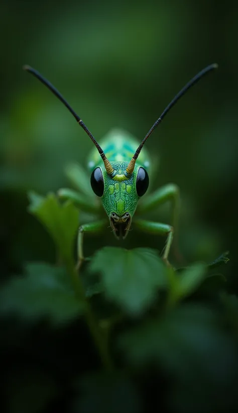 A focused gaze pierces through layers of muted green, held in sharp relief against a softly blurred backdrop. Slender antennae extend from a triangular head, delicate and precise within the shallow depth of field. Light catches the textured surface of its ...