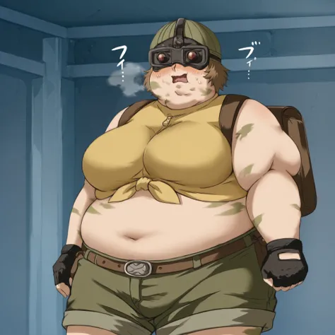 TokoAmada, 1girl, solo, short hair, brown hair, cowboy shot, helmet, goggles, crop top, tied shirt, shorts, belt, fingerless gloves, backpack, large breasts, round face, swollen face, determined bulging belly, fat, chubby, obese, open mouth, out of breath,...