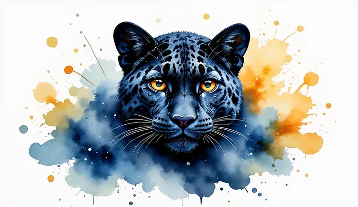 Create an elegant watercolor portrait of a majestic  Black Leopard with soft flowing strokes.  
Use a palette of deep blues, gold, and white, blending naturally with splash effects.  
Fine watercolor texture, dreamy lighting, artistic soft edges.  
High-re...