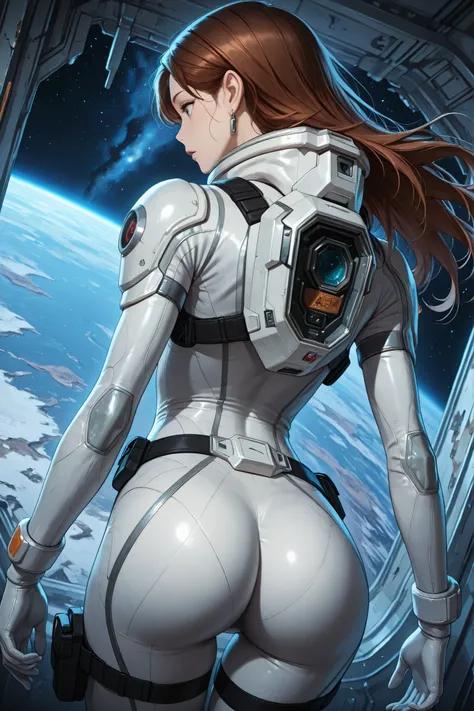 high resolution images, masterpiece, Highest Quality, amazing quality, official art, Highly detailed, Wallpaper, 1 girl, slim frame, A very attractive and slim woman wearing a tight spacesuit walks in an abandoned planet, view from behind, ass, dynamic ang...
