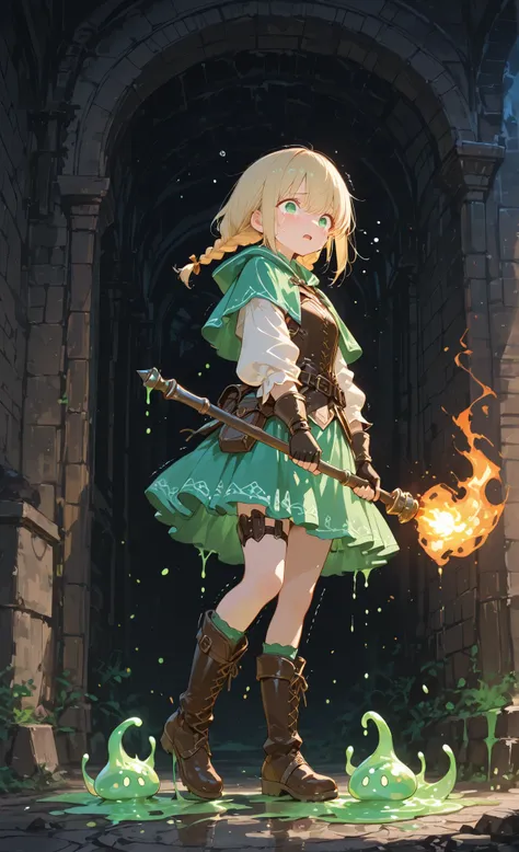 masterpiece, best quality, high quality, cute anime girl adventurer, action pose, expressive round eyes with pale pink irises, teardrops on lashes, soft heart-shaped face, fluffy blonde hair with messy twin braids, fantasy leather armor with gold trims, sh...