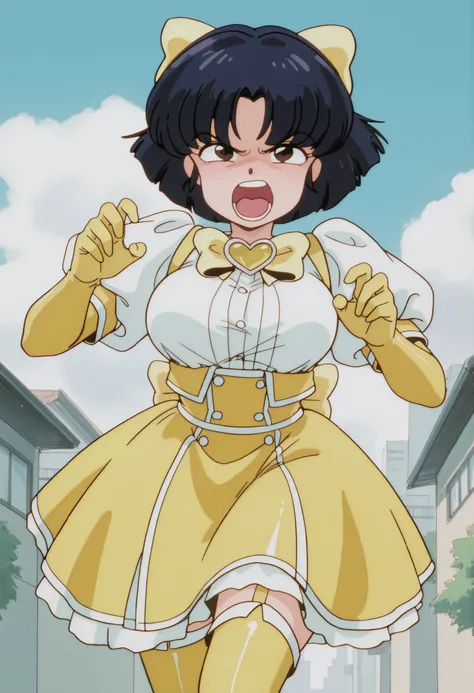 1 girl, tendou akane, dark blue hair, short hair, dark brown eyes, medium breasts, NSFW, angry expression, angry, al aire libre, Japanese city, blue sky with white clouds, Ojos detallados, detailed breasts, sexy waist,  sexy hips, cosplay, Mahou Shoujo ni ...