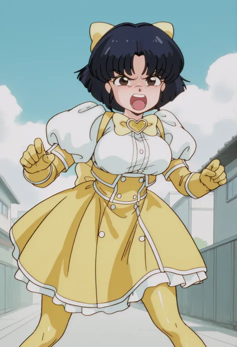 1 girl, tendou akane, dark blue hair, short hair, dark brown eyes, medium breasts, NSFW, angry expression, angry, al aire libre, Japanese city, blue sky with white clouds, Ojos detallados, detailed breasts, sexy waist,  sexy hips, cosplay, Mahou Shoujo ni ...