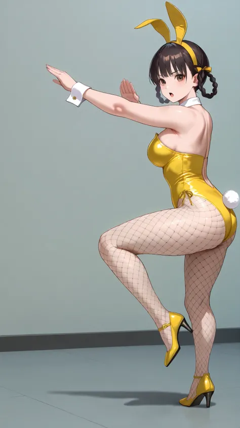 ((((Masterpiece)))), (((( top quality)))), high definition,fine grain, detailed face , ,1girl,,,,, black hair, side braids, twin braids, braided hair rings, (brown eyes,,,,,,beautiful eyes:1.0), bangs,slender,,,,,,,, leifan, ,,,cleavage,,,,yellow bunny...