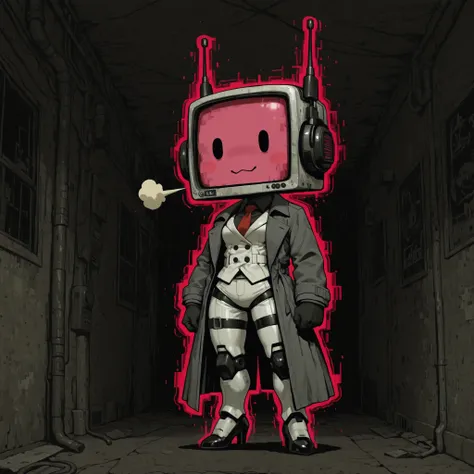 [The Horror Radio], (masterpiece, best quality:1.2), (high detail, sharp lighting), solo, 1girl, normal_face, radio_head, pink face, chibi style, dot eyes, glitch face, digital distortion, pixel fragments, static effects, pink lights inside screen, robot_s...