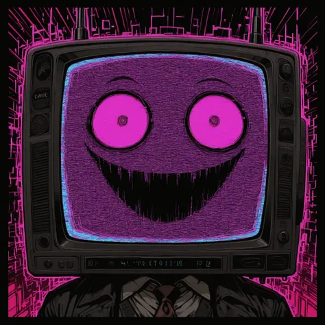 [The Horror Radio], (masterpiece, best quality:1.2), (high detail, sharp lighting), 
solo, 1boy, craze_face, radio_head, vintage television face, glowing circle eyes, glitch_face, 
digital distortion, pixel fragments, static effects, pink lights inside scr...