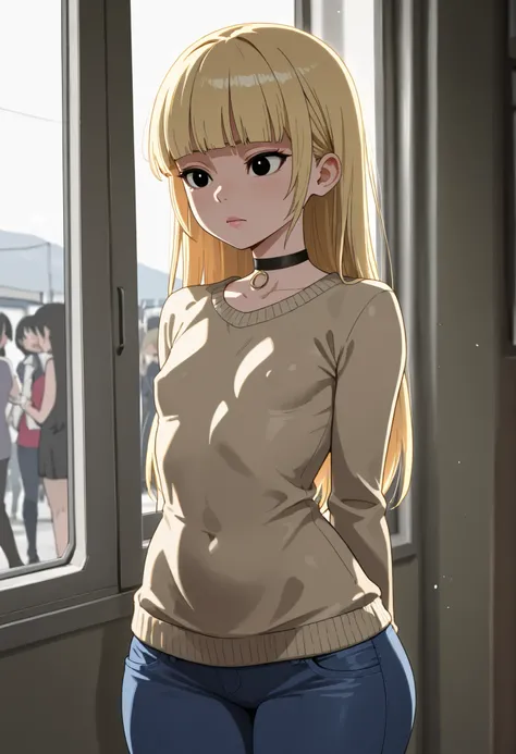 Pacifica Northwest,black eyes, pink lips, flat breasts, flat chest, skinny, huge hips, long hair, blonde hair, choker,| Composition
Location: Urban landscape with passing people
Focus: On the faces of passersby
Perspective: View from the observer's eye lev...