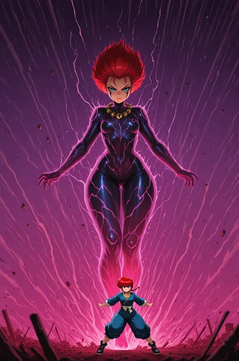 Ranma Saotome. red hair. blue eyes. braid. small breasts. wide hips. necklace. black eyeliner. pink manicure. |The basic concept
The epic battle of jujutsu magicians with curses
Style: Fast-paced anime action, dark fantasy
Mood: Intense confrontation, epic...