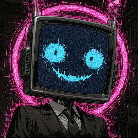[The Horror Radio], (masterpiece, best quality:1.2), (high detail, sharp lighting), 
solo, 1boy, craze_face, radio_head, vintage television face, glowing circle eyes, glitch_face, 
digital distortion, pixel fragments, static effects, pink lights inside scr...
