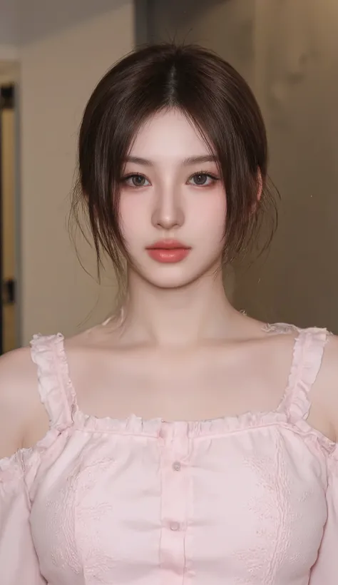 A young woman is captured in a portrait with her shoulder-length dark brown hair cascading elegantly around her shoulders. Her hair has a natural shine, highlighting the healthy texture and volume. She wears a light pink off-shoulder blouse with soft ruffl...