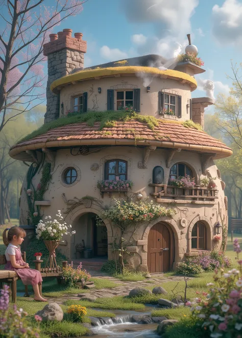 Fairyland 、A cute little girl is sitting in front of the house、Big Milk Pot House、Moss is growing on the roof、I can see light through the window、white smoke is coming out of the chimney、Spring Flowers、The stream flows、 small arcuate bridge 、Ties、realistic...