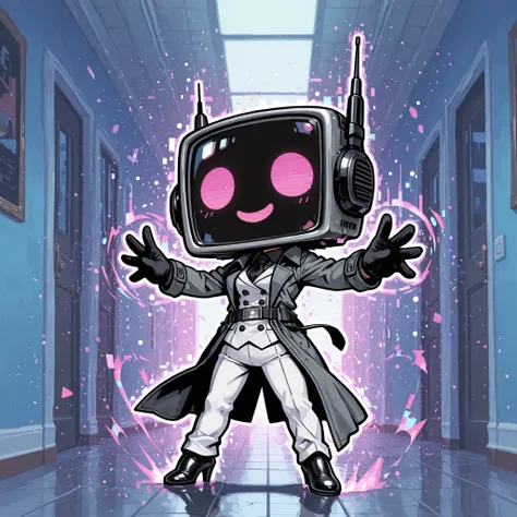 [The KuroRadio] [model test], (masterpiece, high quality:1.2), chibi style, super-deformed body, solo, 1girl, soft shading, teleported, radio_head, normal_face, pink face, glitching magic, magic, TV head, pink glitch particles, white suit, tie, black glove...