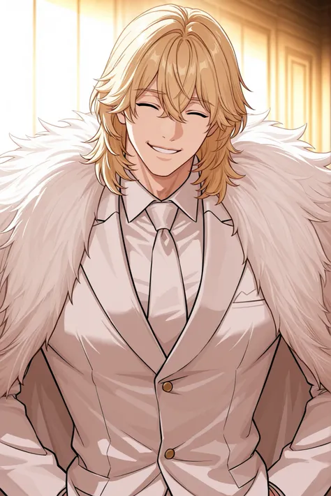 1 male, alone, handsome, muscular, medium hair, blonde hair, bangs between the eyes, squinting closed eyes, playful smile, niceful impression, fake, white suit, big white feather coat, composed pose, upper body, boss vibes, mafia scenery