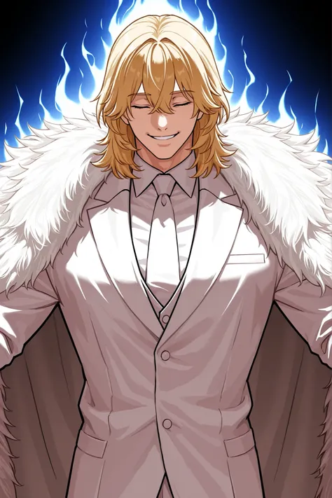 1 male, alone, handsome, muscular, medium hair, blonde hair, bangs between the eyes, squinting closed eyes, big playful smile, niceful impression, fake, white suit, big white feather coat, composed pose, upper body, boss vibes, noblity aura, mafia scenery