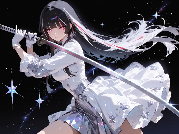 masterpiece, best quality, amazing quality, very aesthetic, high resolution, ultra-detailed, absurdres, newest,1girl,light red eyes,black hair, streaked hair, hime cut, silver long hair, smooth hair, stars eyes, abstract, gloves, dress, smile, holding kata...
