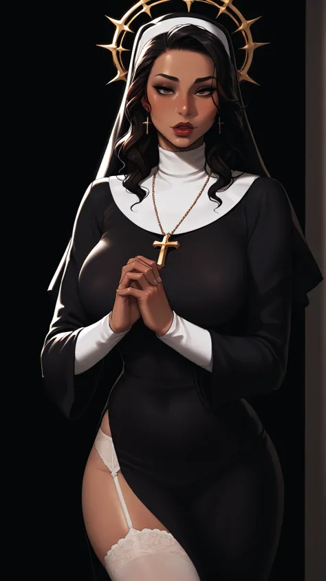 score_9, score_8_up, score_7_up, score_6_up, score_5_up, score_4_up, 1girl, dark skin, dark red lips, black hair, wavy hair, long hair, thick lips, adult, mature, nun habit, solo, standing, cowboy shot, thick thighs, praying, nun, robe, ornate robe, gold t...