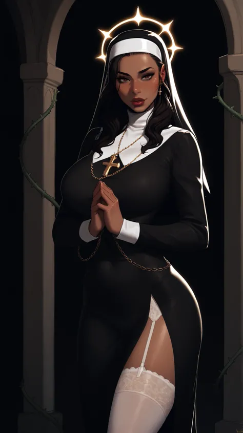 score_9, score_8_up, score_7_up, score_6_up, score_5_up, score_4_up, 1girl, dark skin, dark red lips, black hair, wavy hair, long hair, thick lips, adult, mature, nun habit, solo, standing, cowboy shot, thick thighs, praying, nun, robe, ornate robe, gold t...