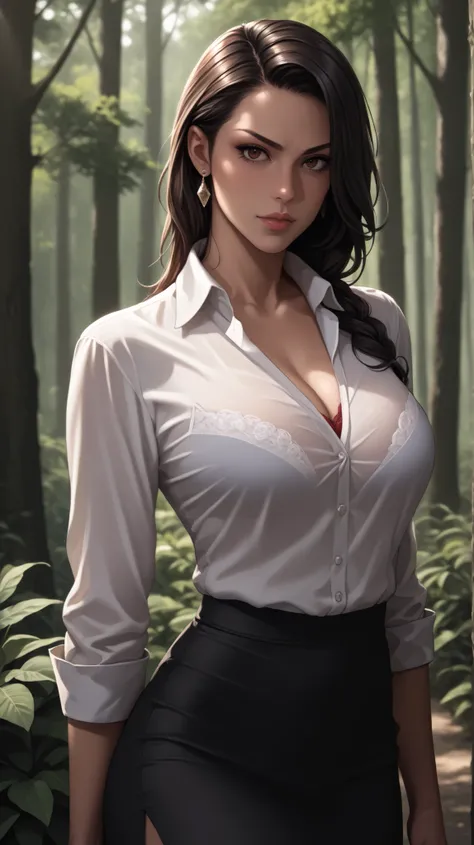 wearing a white silk shirt with a deep V-neck, Wear a business suit, a red lace bra peeking out, And pencil skirts, A beautiful Black woman with a black cornrow hairstyle, Dense forest, photoRealistic, masterpiece, high quality, Realistic, detailed, Dramat...