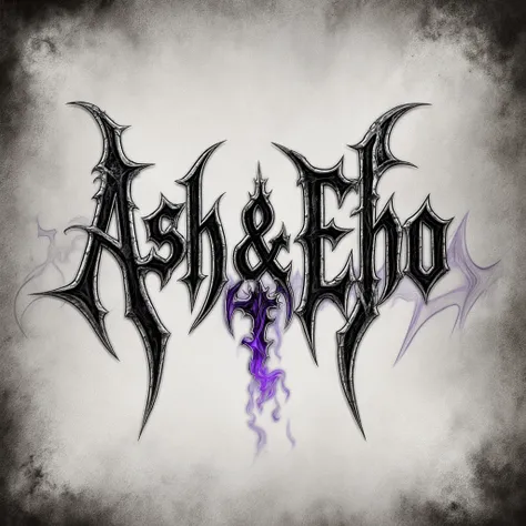 A sophisticated and dark logo for the band name "Ash & Echo". The style is Gothic/Dark Fantasy Metal, emphasizing elegance and mystery. The letters should be elongated, slender, and gracefully sharp, crafted from burnished silver or dark, swirling obsidian...
