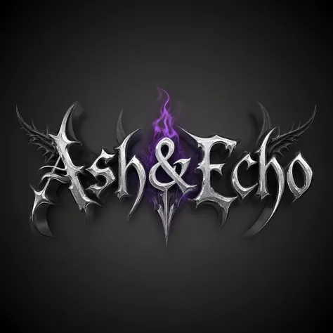 A sophisticated and dark logo for the band name "Ash & Echo". The style is Gothic/Dark Fantasy Metal, emphasizing elegance and mystery. The letters should be elongated, slender, and gracefully sharp, crafted from burnished silver or dark, swirling obsidian...