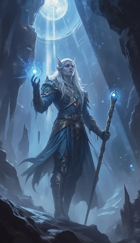 Epic high-fantasy scene where Eltharien, dernier Gardien des Elfes, s’élève lentement dans un rayon de lumière céleste. Ses cheveux argentés flottent comme des filaments d’étoiles en fusion, ses yeux projettent une lueur dorée calme mais déterminée. Son ar...