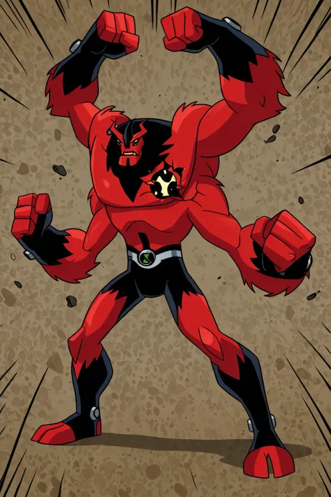 A perfect fusion alien of Ben 10's Four Arms and Shocksquatch, featuring red skin and four eyes (like Four Arms) but with the body shape and fur texture of Shocksquatch. The alien should possess the powerful, muscular physique of Four Arms with four total ...