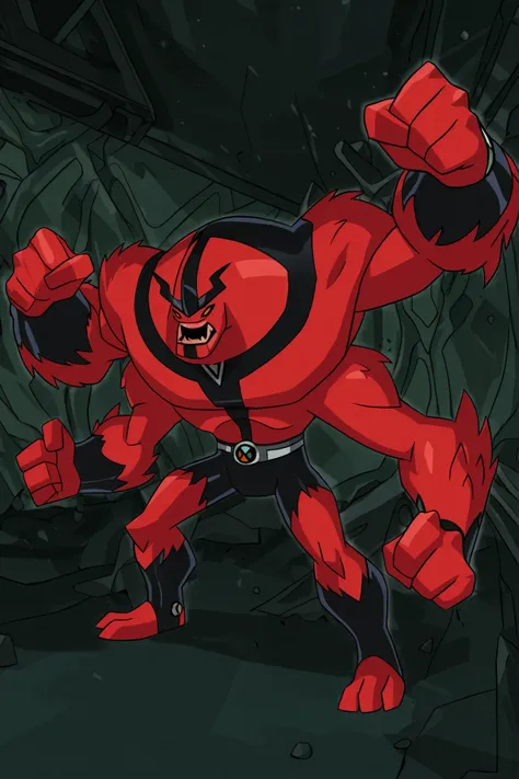 A perfect fusion alien of Ben 10's Four Arms and Shocksquatch, featuring red skin and four eyes (like Four Arms) but with the body shape and fur texture of Shocksquatch. The alien should possess the powerful, muscular physique of Four Arms with four total ...