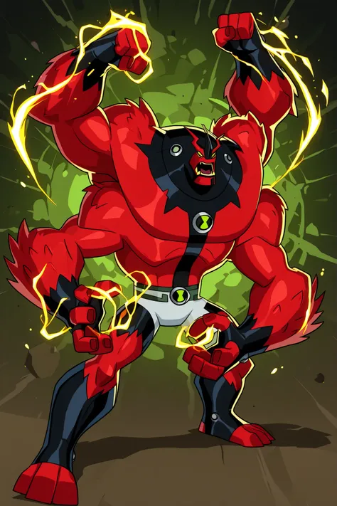 A perfect fusion alien of Ben 10's Four Arms and Shocksquatch, featuring red skin and four eyes (like Four Arms) but with the body shape and fur texture of Shocksquatch. The alien should possess the powerful, muscular physique of Four Arms with four total ...
