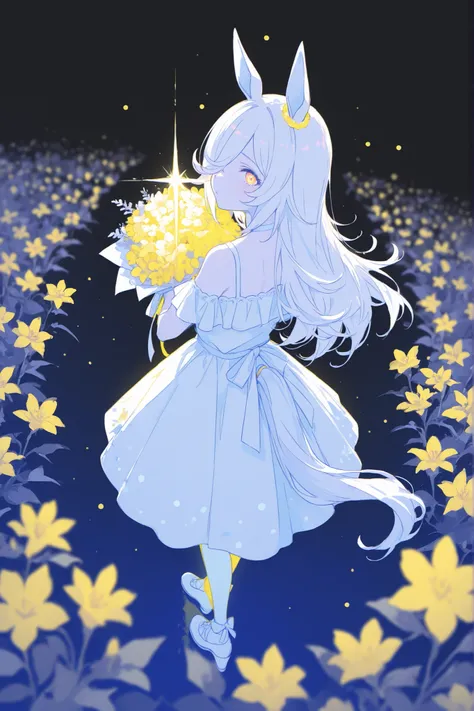 rice shower (umamusume), ((official costume AND hair style)),long hair,1girl,solo,horse girl,horse ear,horse tail, ((hair over one eye)),off-shoulder dress,limited palette,black background,from Behind,colorful,vibrant, glowing outline,neon,blacklight,styli...