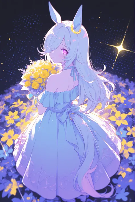 rice shower (umamusume), purple eyes,((official costume AND hair style)),long hair,1girl,solo,horse girl,horse ear,horse tail, ((hair over one eye)),off-shoulder dress,limited palette,black background,from Behind,colorful,vibrant, glowing outline,neon,look...