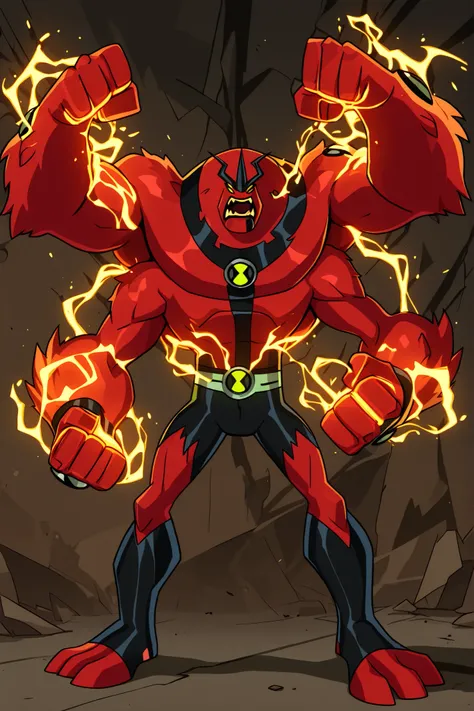 A perfect fusion alien of Ben 10's Four Arms and Shocksquatch, featuring red skin and four eyes (like Four Arms) but with the body shape and fur texture of Shocksquatch. The alien should possess the powerful, muscular physique of Four Arms with four total ...