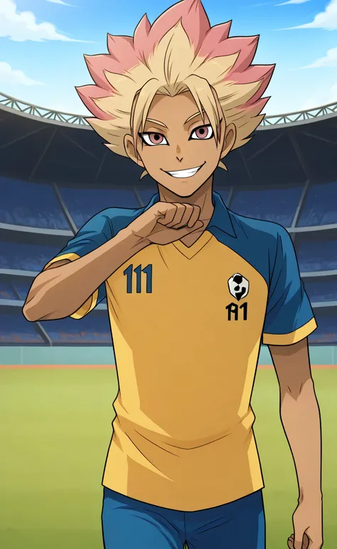 1male, solo, Ryusei from Blue Lock, two-tone hair, blond and pink hair, short hair, spike hair, pink eyes, tan skin, evil grin, Raimon OG Uniform, big muscle, football stadium, Inazuma Eleven