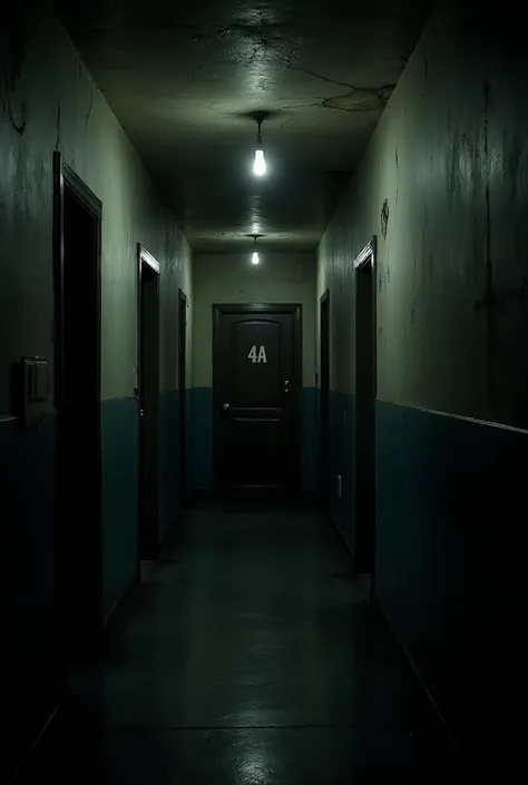 “Dark empty apartment hallway with flickering ceiling lights, abandoned door labeled 4A, cracked paint, eerie shadows, long narrow corridor, unsettling silence, found-footage aesthetic, grainy camera effect, cinematic horror atmosphere, ultra-realistic lig...