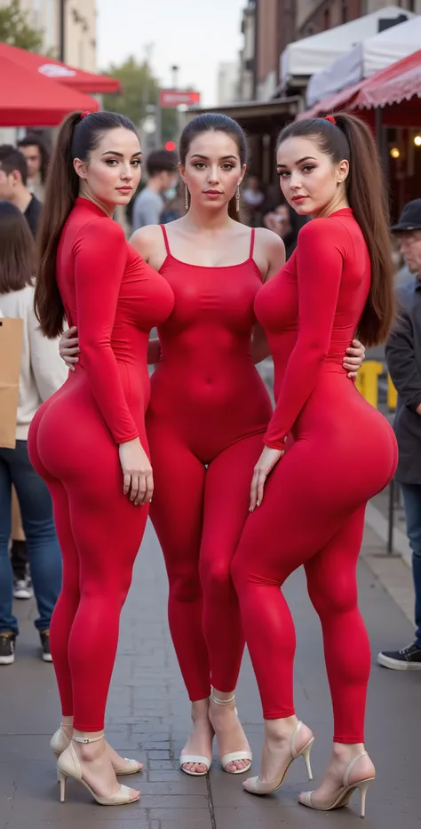 outdoor festive market, three extremely beautiful young school girls  stands together, their outfits perfectly complementing their figures. With voluptuous figure, big beautiful women, thick thighs, rounded hips, and sculpted waists, their presence is capt...