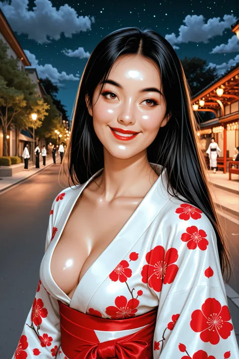 perfect face, perfect body, (female asian, face asian), black hair, long hair, black thin eyebrows, brown eyes, black eyeliners, nose, red lips, big smile, beautiful girl, collarbone, cleavage, medium breasts, ((kimono)), ((night sky, cloud sky, street, pa...