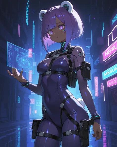High Quality, masterpiece, Ultra High Resolution, A beautiful woman with brown skin, Cute Mecha Bear Ears, tight bodysuit, harness holster, Vertical Sprites, Glowing Mecha Eye, cyberpunk style, Neural Connection Implants, Futuristic Urban Backgrounds, holo...