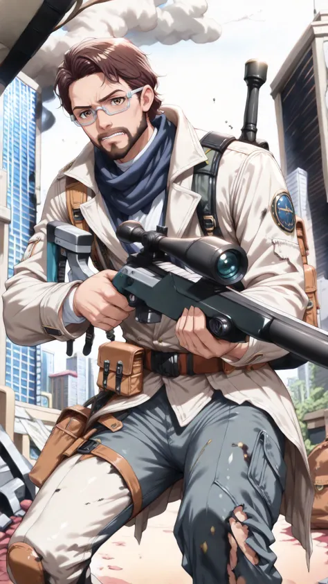 masterpiece, ultra-detailed, best quality, (1 boy, solo, male human, brown eyes, (dark brown hair, medium lenght brown hair, short ponitail), focused and angry face expression, (short beard), (silver eyeglasses, small eyeglasses), (5n1p3r_cr4dl3, holding s...