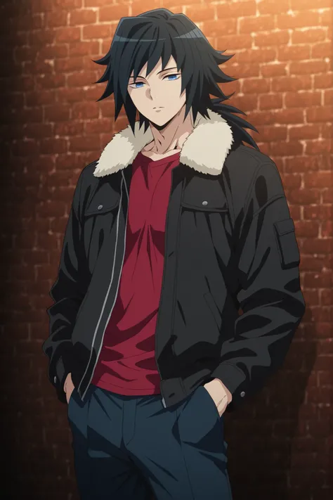 anime screencap, masterpiece, best quality, giyuu_tomioka, 1boy, adult male, ractical body shape, fit bodies, attractive bodies, black hair , blue eyes , bangs, long hair, , cowboy shot , looking at viewer , brick wall , hands in pockets, (black jacket) , ...
