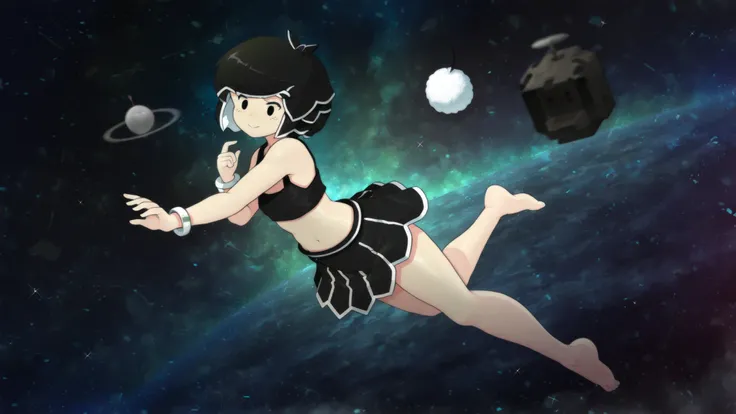 scELre_9, scELre_8_arriba, scELre_7_arriba, scELre_6_arriba, scELre_5_arriba, scELre_4_arriba, sELurce_Animated, BREAK  
sELlEL, 1girl, Hanazuki, short dark hair with white highlights, black crop top, black skirt with a white scalloped trim, barefoot, whit...