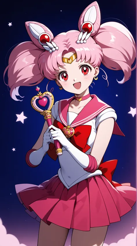 score_9, score_8_up, score_7_up, score_6_up, score_5_up, score_4_up, source_anime, aacusa, short hair, pink hair, cone hair bun, twintails, hairpin, circlet, earrings, red eyes, pink choker, pink sailor collar, red bowtie, white shirt, elbow gloves, white ...