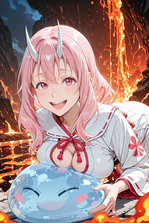 1 girl, Brustpressen:1.3, Shuna(slimetensei) In a white Miko outfit, cheerful, freudiges Lachen, Strahl,  mit offenem Mund, Halte Schleim (Kreatur),  playful atmosphere , viewing the observer, Meisterwerk, hochdetailliert, best quality, Lava-Hintergrund, w...