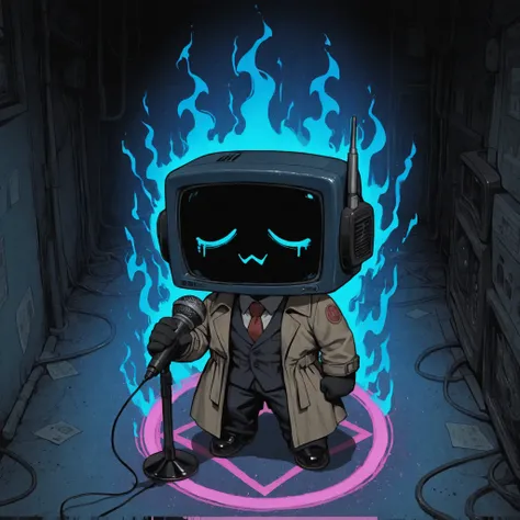 [The Horror Radio], (masterpiece, best quality:1.2), (high detail, sharp lighting), solo, 1boy, craze_face, radio_head, vintage television face, glowing circle eyes, glitch_face, (sing holding a microphone:1.2), chibi, (blue aura:1.6),  blue digital distor...